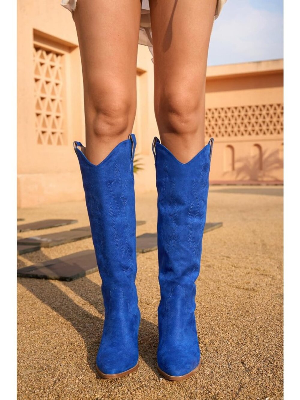 Women's Royal Blue Embroidered Knee High Block Heel Pointed Toe Cowgirl Boot - Picture 5 of 6